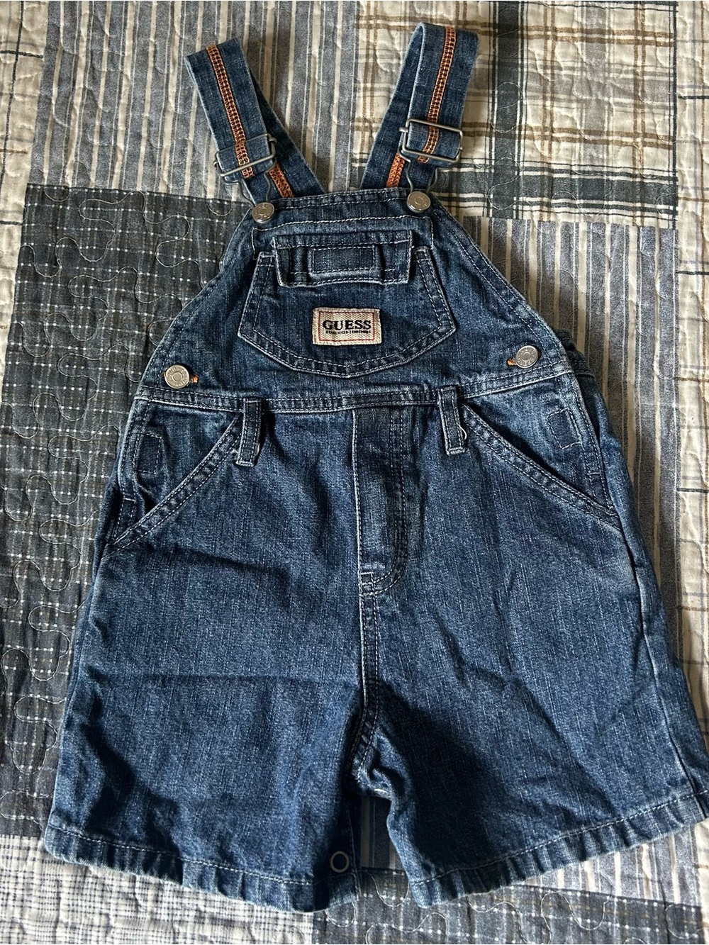 Vintage 90’s GUESS Kids Dark Blue Denim Shortalls with Adjustable Straps - 18M